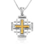 Two-Tone Jerusalem Cross Pendant Necklace, Braided Center & Ends, 925 Sterling Silver