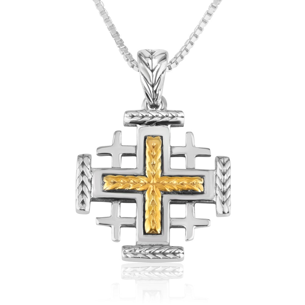 Two-Tone Jerusalem Cross Pendant Necklace, Braided Center & Ends, 925 Sterling Silver