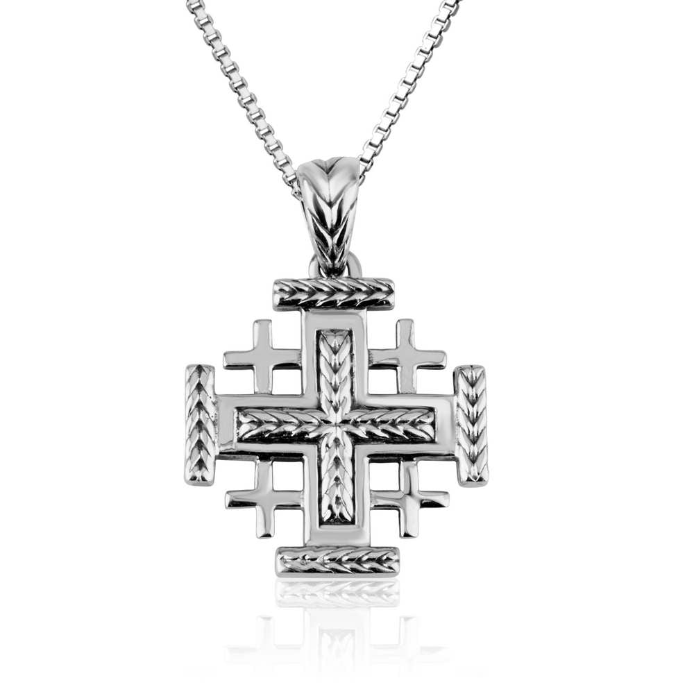 Jerusalem Cross Pendant Necklace, Braided Center, 925 Sterling Silver