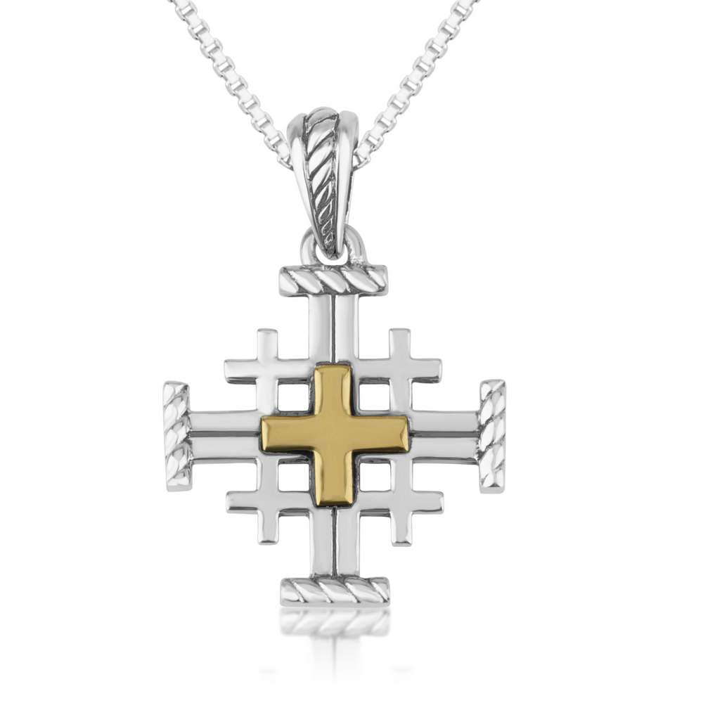 Two-Tone Jerusalem Cross Pendant Necklace, Rope-Twist Ends, 925 Sterling Silver