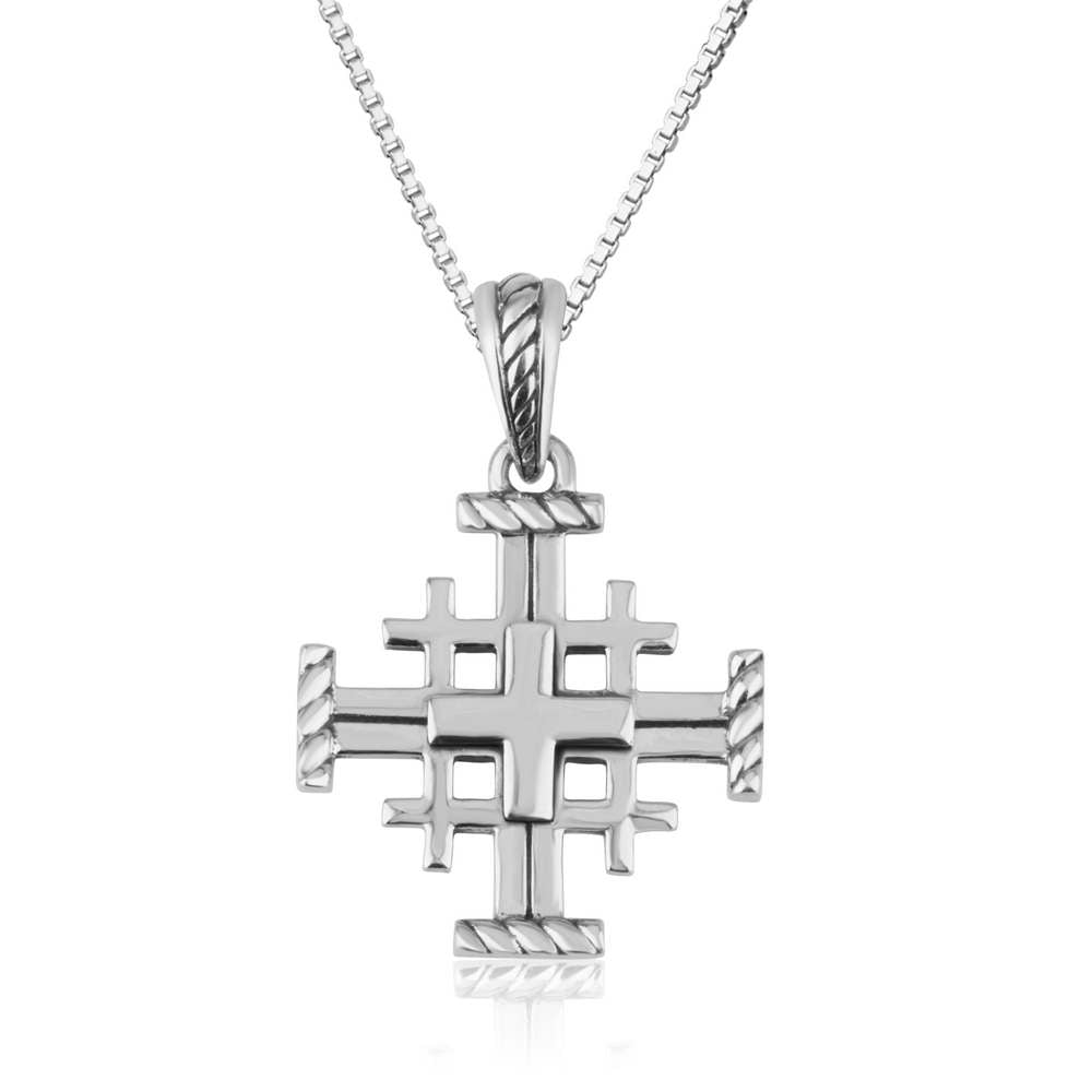 Jerusalem Cross Pendant Necklace, Rope-Twist Ends, 925 Sterling Silver