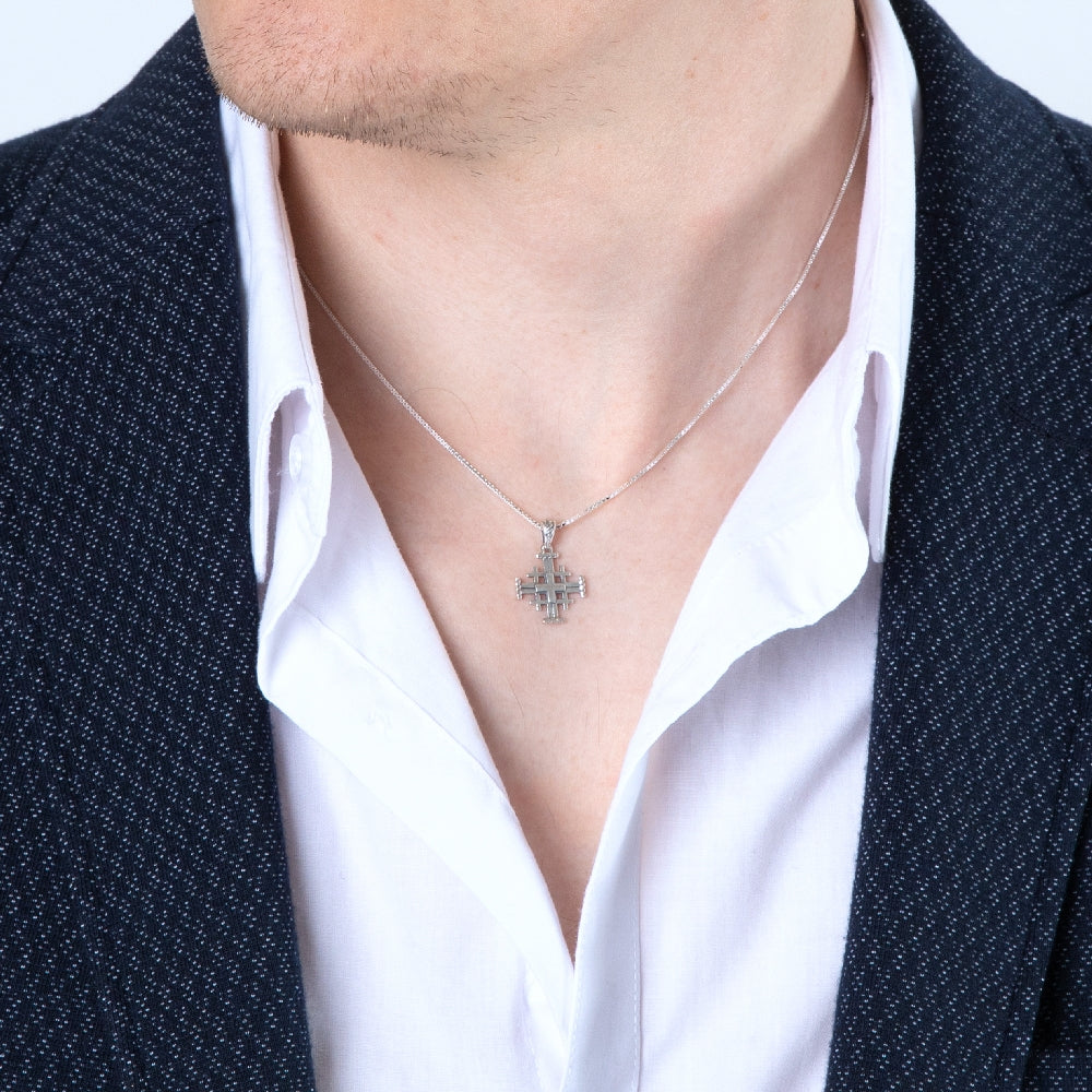 Jerusalem Cross Pendant Necklace, Rope-Twist Ends, 925 Sterling Silver – shown worn, close-up