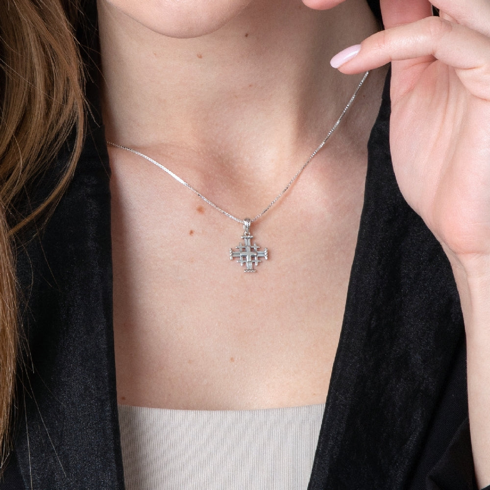 Jerusalem Cross Pendant Necklace, Rope-Twist Ends, 925 Sterling Silver – shown worn, close-up