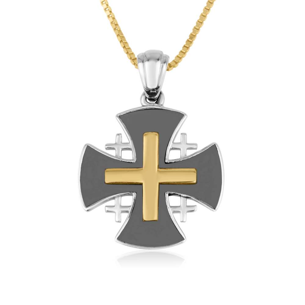 Two-Tone Jerusalem Cross Pendant Necklace, Flared Black Body, 925 Sterling Silver