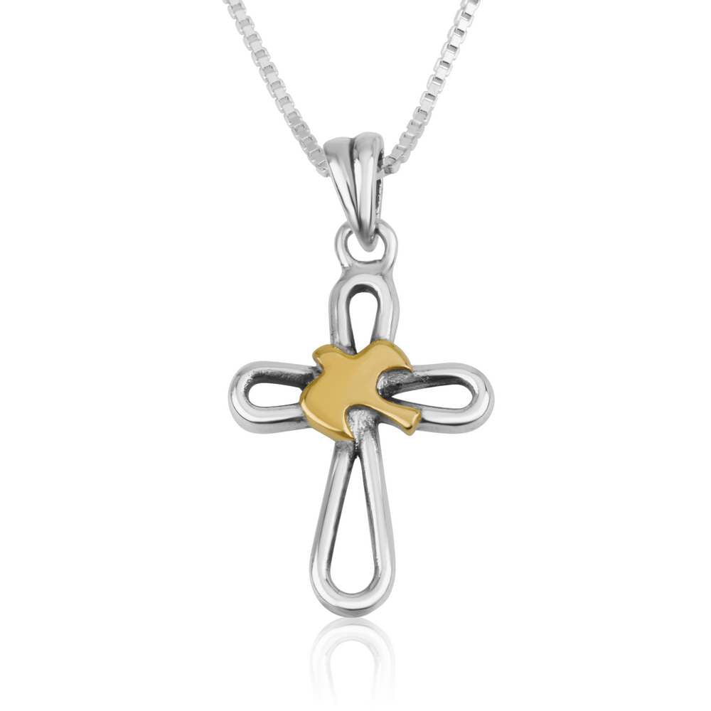Gold-plated dove and open cross pendant in 925 sterling silver by Marina Jewelry