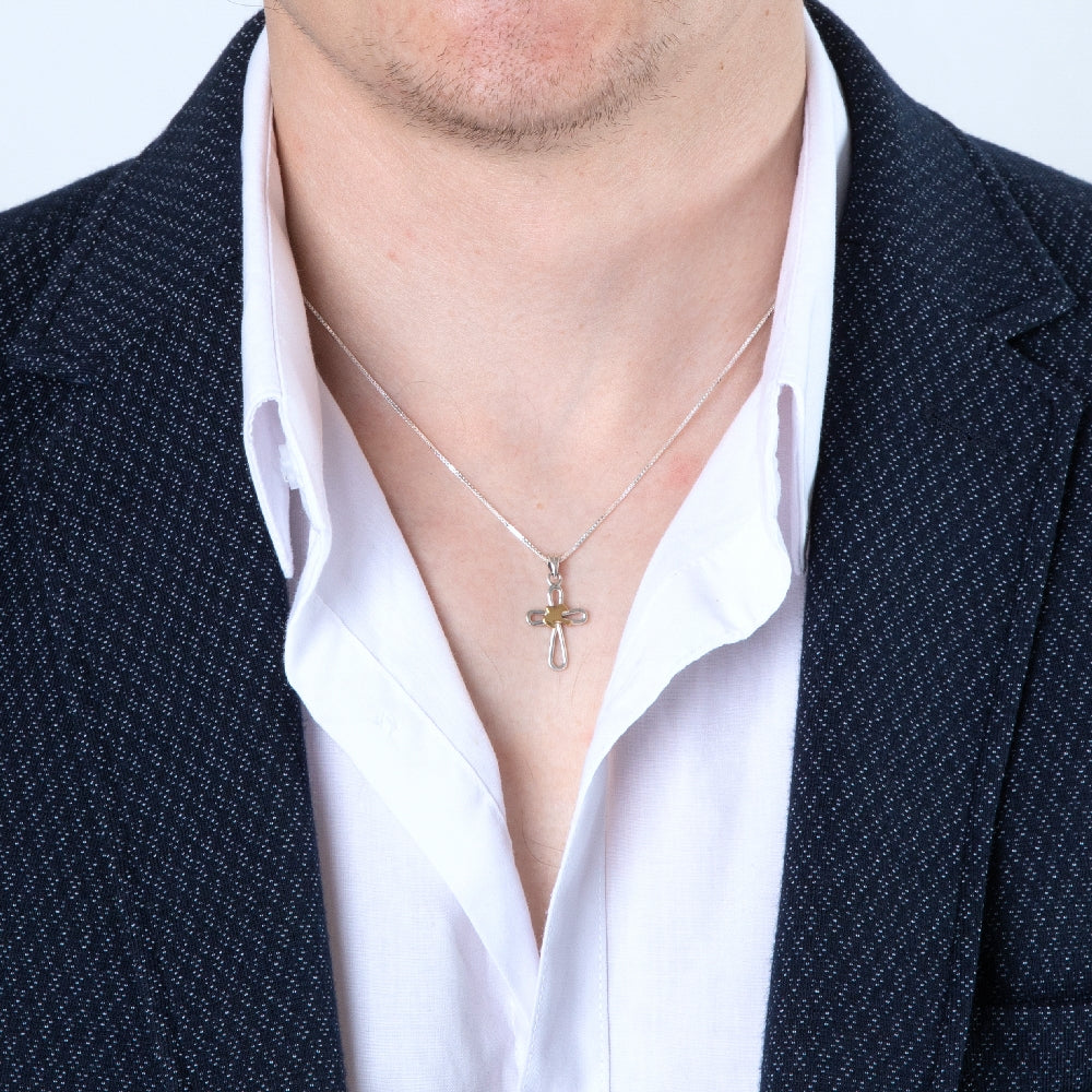 Dove & Open Cross Pendant Necklace in 925 Sterling Silver, Gold-Plated – shown worn, close-up