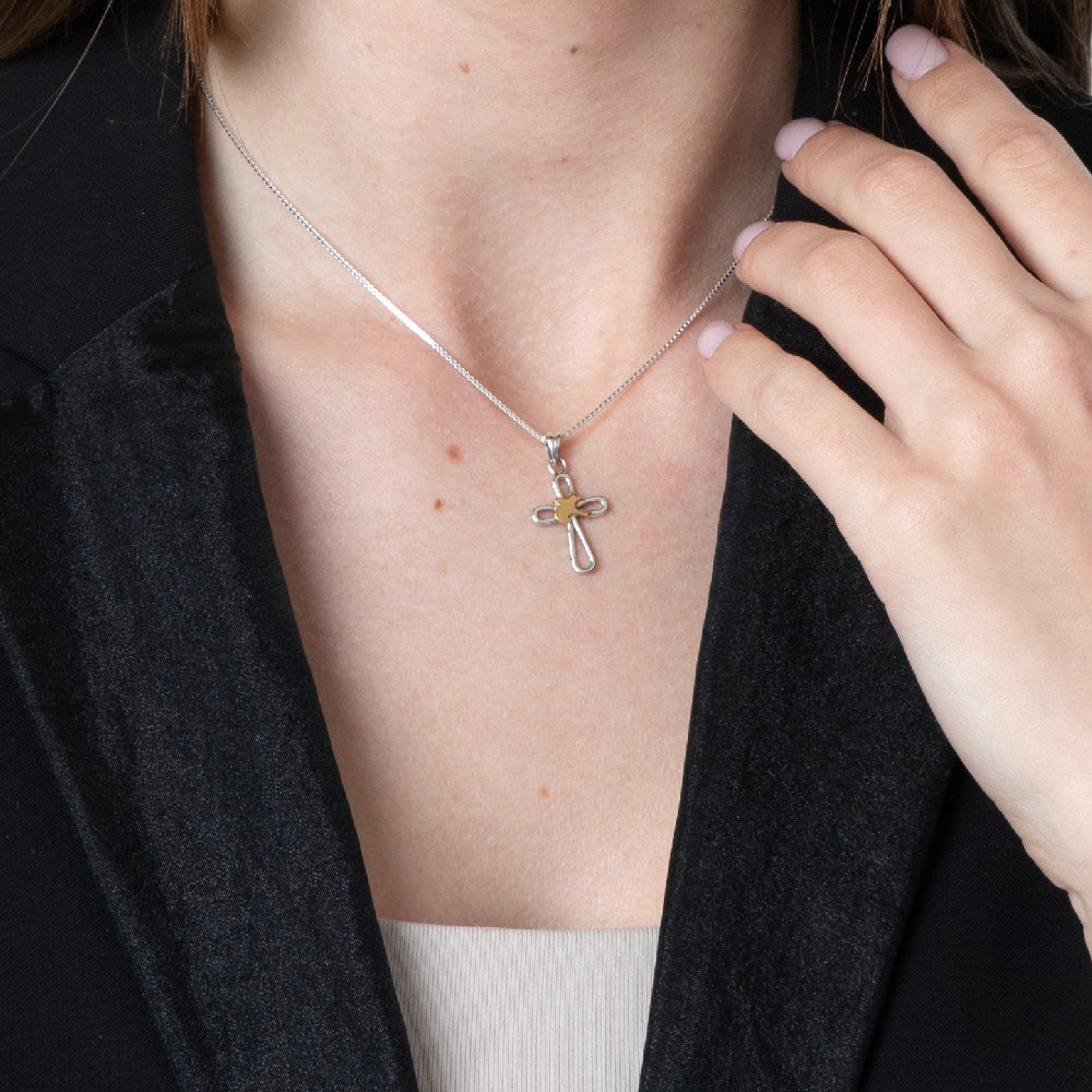 Dove & Open Cross Pendant Necklace in 925 Sterling Silver, Gold-Plated – shown worn, close-up