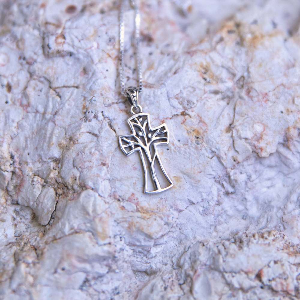 Tree of Life Cross Pendant Necklace in 925 Sterling Silver – flat lay
