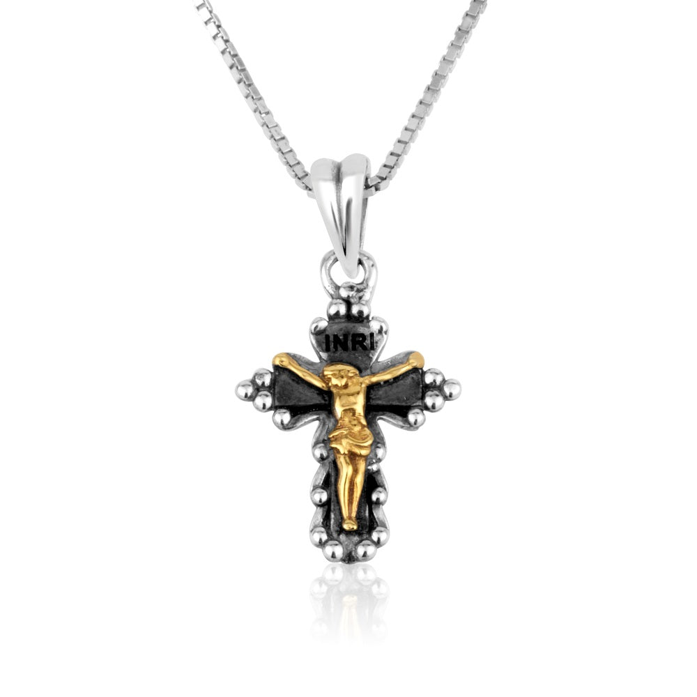 Two-tone budded cross crucifix pendant necklace in 925 sterling silver by Marina Jewelry