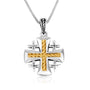 Two-Tone Jerusalem Cross Pendant Necklace, Flared Rope Center, 925 Sterling Silver