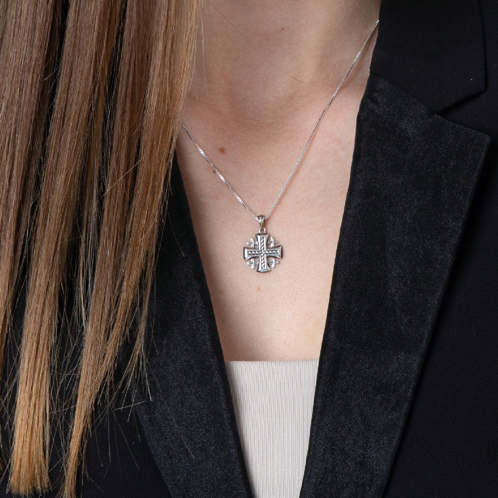 Twisted Rope Jerusalem Cross Pendant Necklace in 925 Sterling Silver – shown worn, close-up