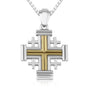 Two-Tone Jerusalem Cross Pendant Necklace, Grooved Center, 925 Sterling Silver