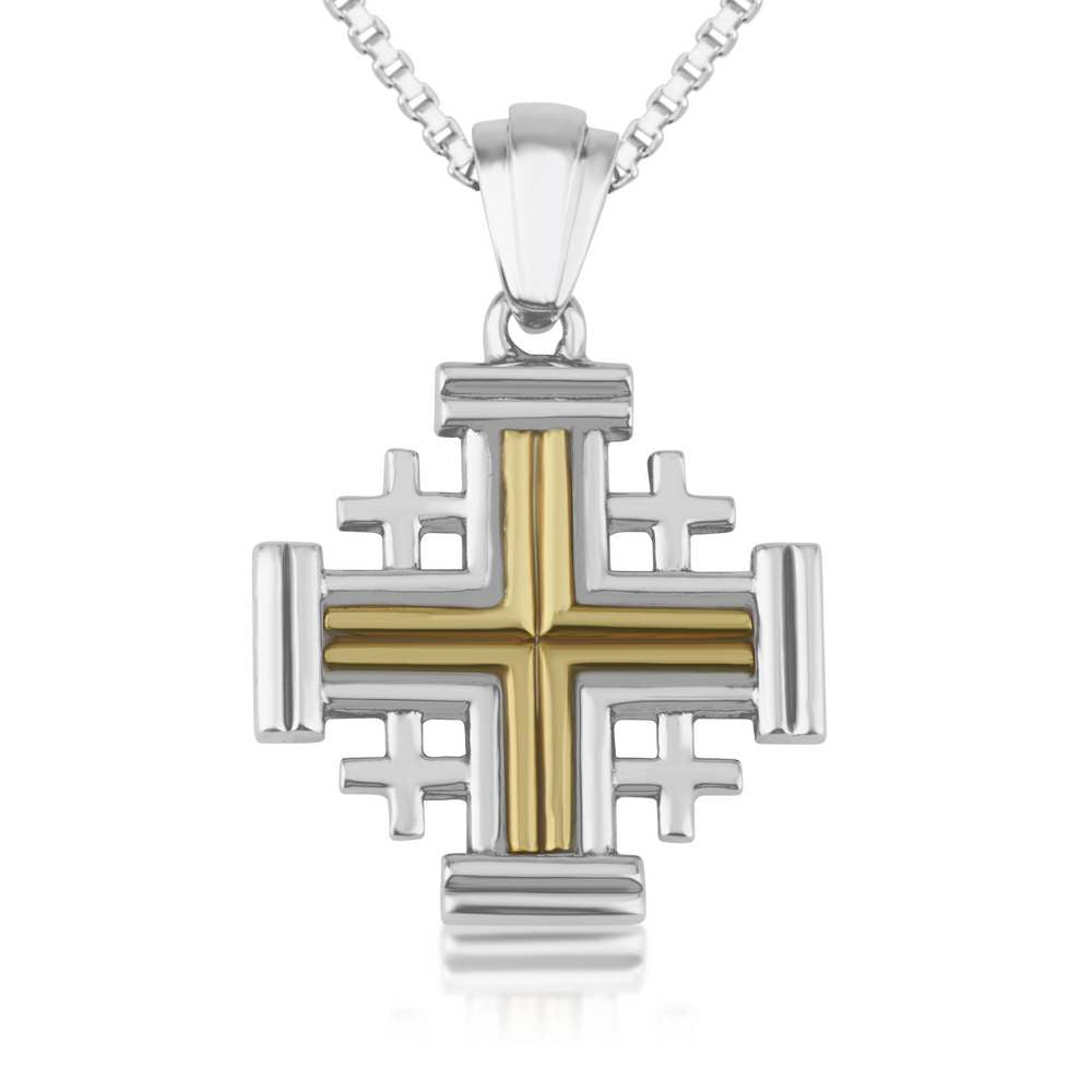 Two-Tone Jerusalem Cross Pendant Necklace, Grooved Center, 925 Sterling Silver