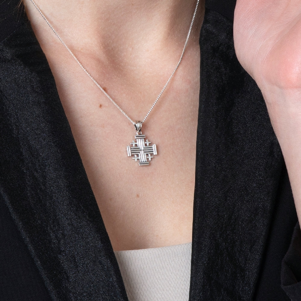 Ridged Jerusalem Cross Pendant Necklace in 925 Sterling Silver – shown worn, close-up