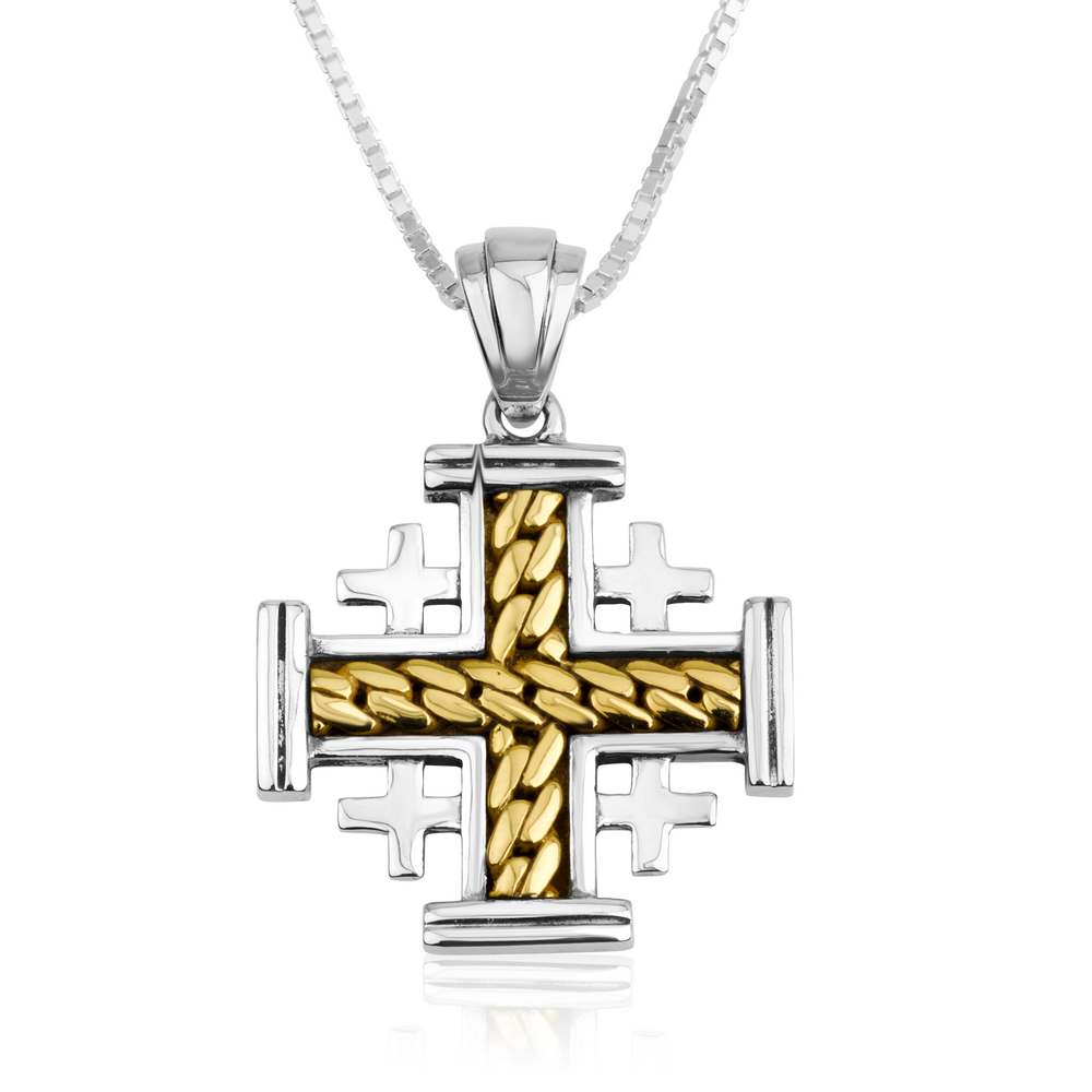 Two-Tone Jerusalem Cross Pendant Necklace, Rope-Twist Center, 925 Sterling Silver