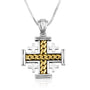 Two-Tone Jerusalem Cross Pendant Necklace, Rope-Twist Center, 925 Sterling Silver