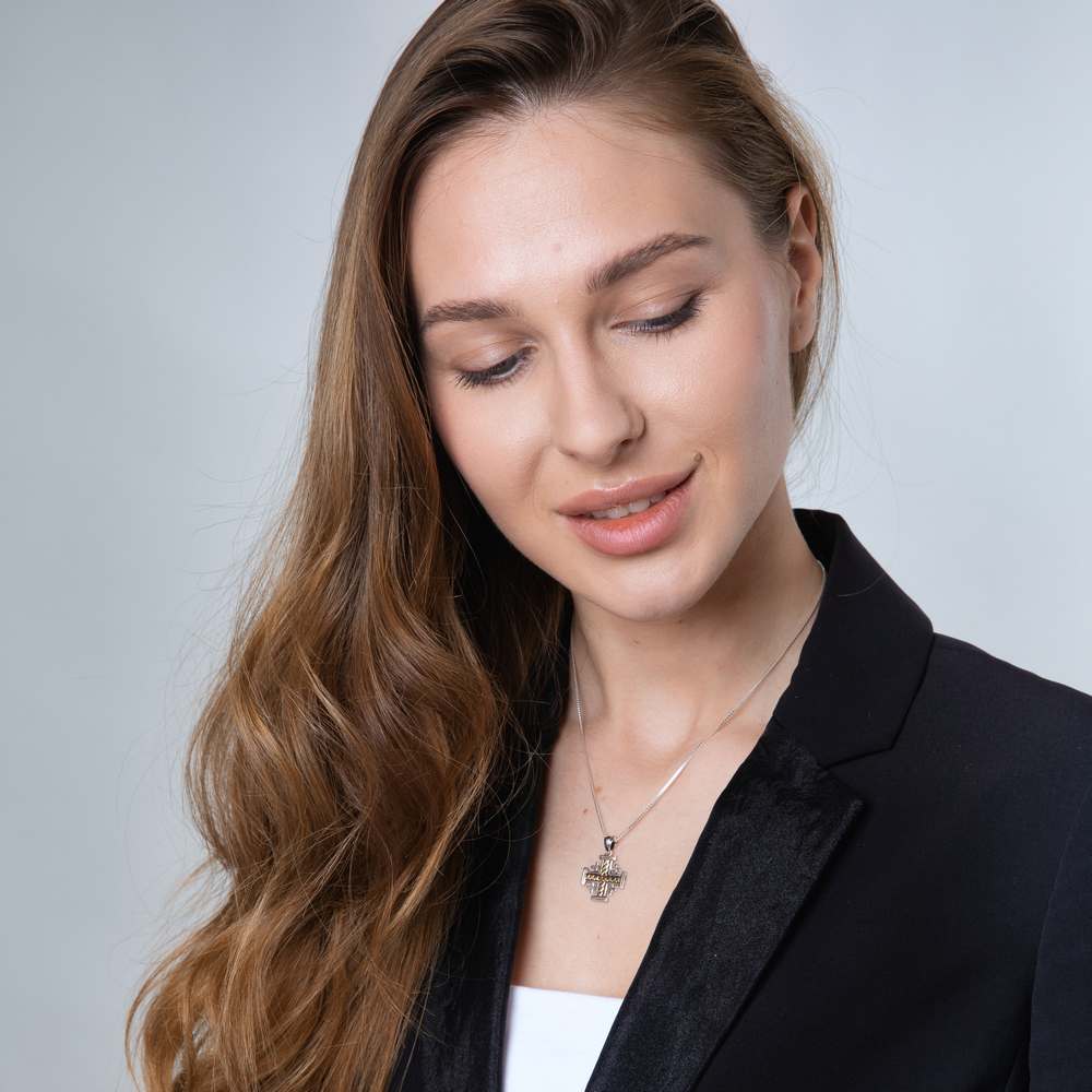 Two-Tone Jerusalem Cross Pendant Necklace, Rope-Twist Center, 925 Sterling Silver – shown worn