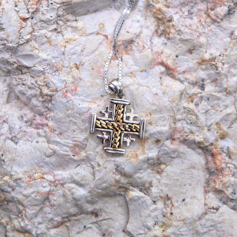 Two-Tone Jerusalem Cross Pendant Necklace, Rope-Twist Center, 925 Sterling Silver – flat lay