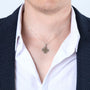 Two-Tone Jerusalem Cross Pendant Necklace, Rope-Twist Center, 925 Sterling Silver – shown worn, close-up