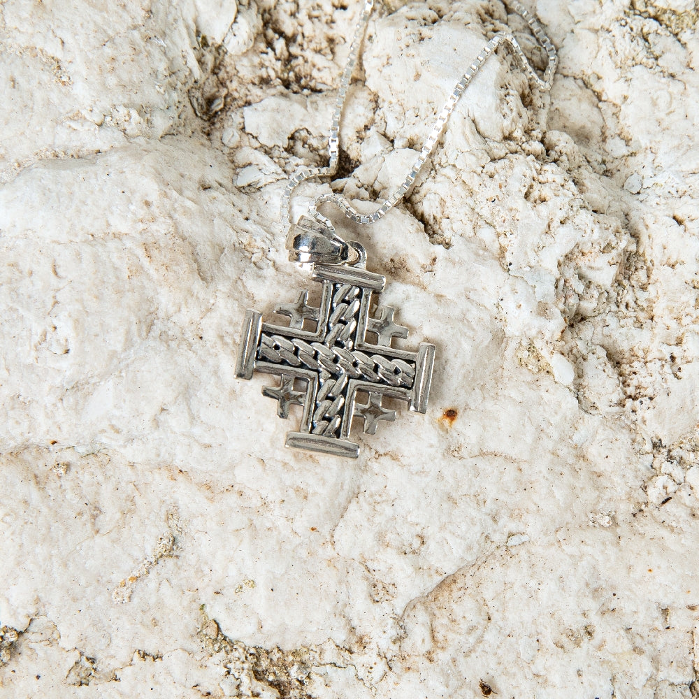 Woven Jerusalem Cross Pendant Necklace in 925 Sterling Silver – flat lay