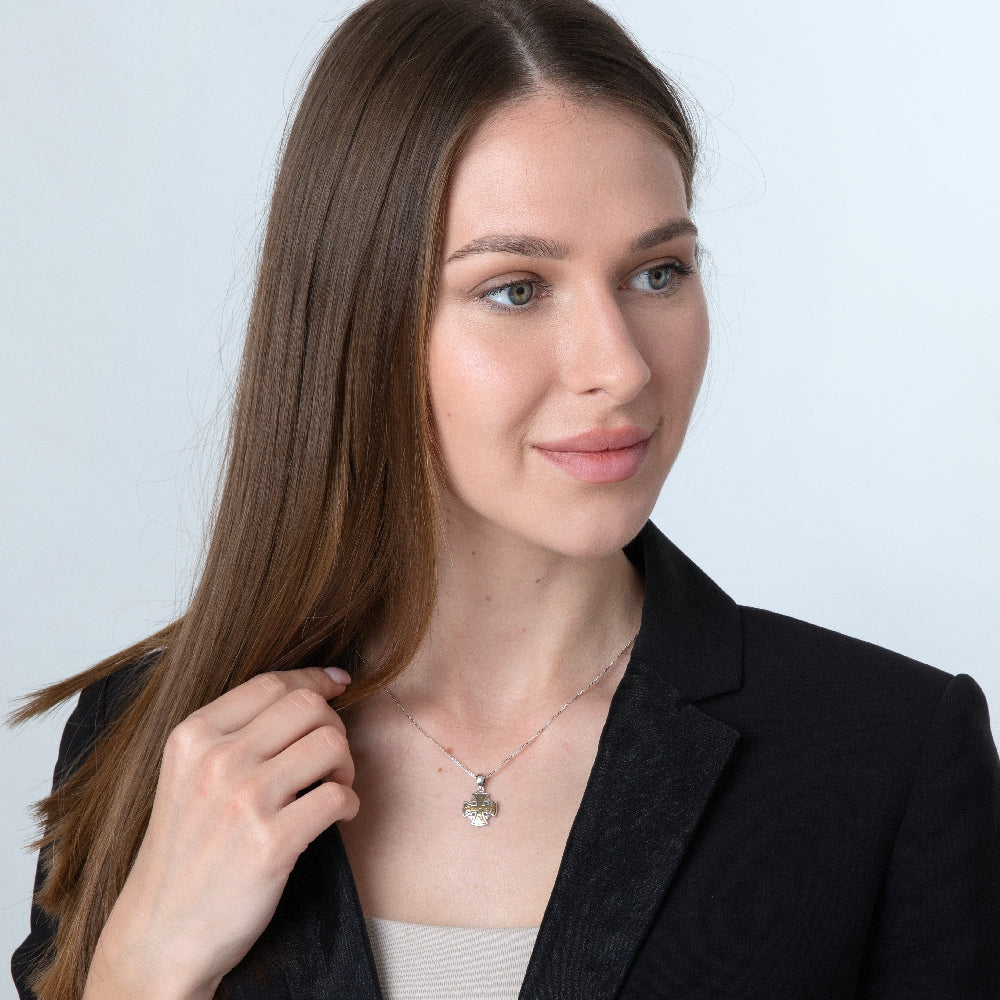 Hammered Two-Tone Jerusalem Cross Pendant Necklace in 925 Sterling Silver, Oxidized – shown worn