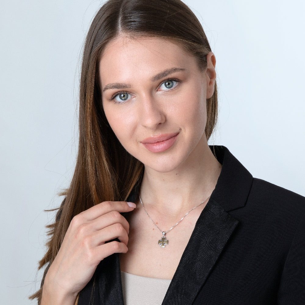Hammered Two-Tone Jerusalem Cross Pendant Necklace in 925 Sterling Silver, Oxidized – shown worn