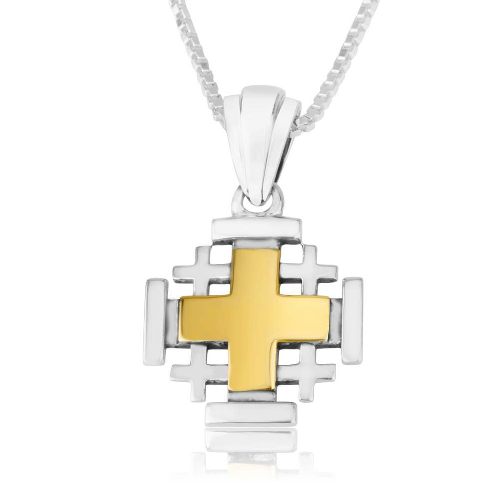 Two-Tone Jerusalem Cross Pendant Necklace, Wide Gold Center, 925 Sterling Silver