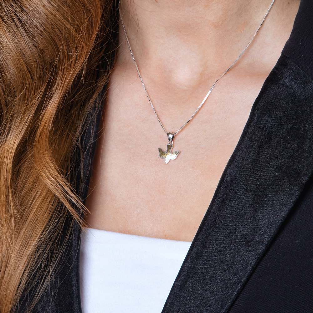 Dove Pendant Necklace in 925 Sterling Silver, Gold-Plated – shown worn, close-up