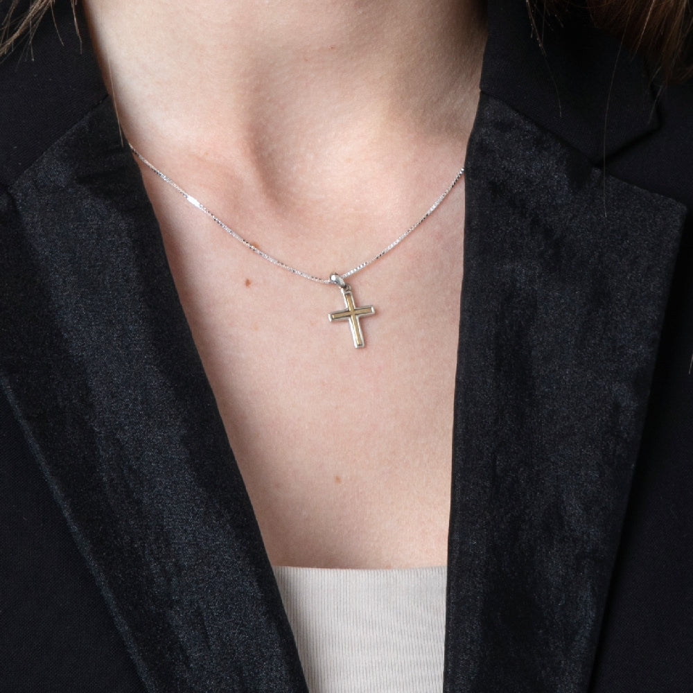 Two-Tone Cross Pendant Necklace in 925 Sterling Silver, Gold-Plated – shown worn, close-up