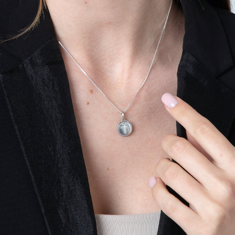 Round Zircon Cross Medallion Pendant Necklace in 925 Sterling Silver – shown worn, close-up