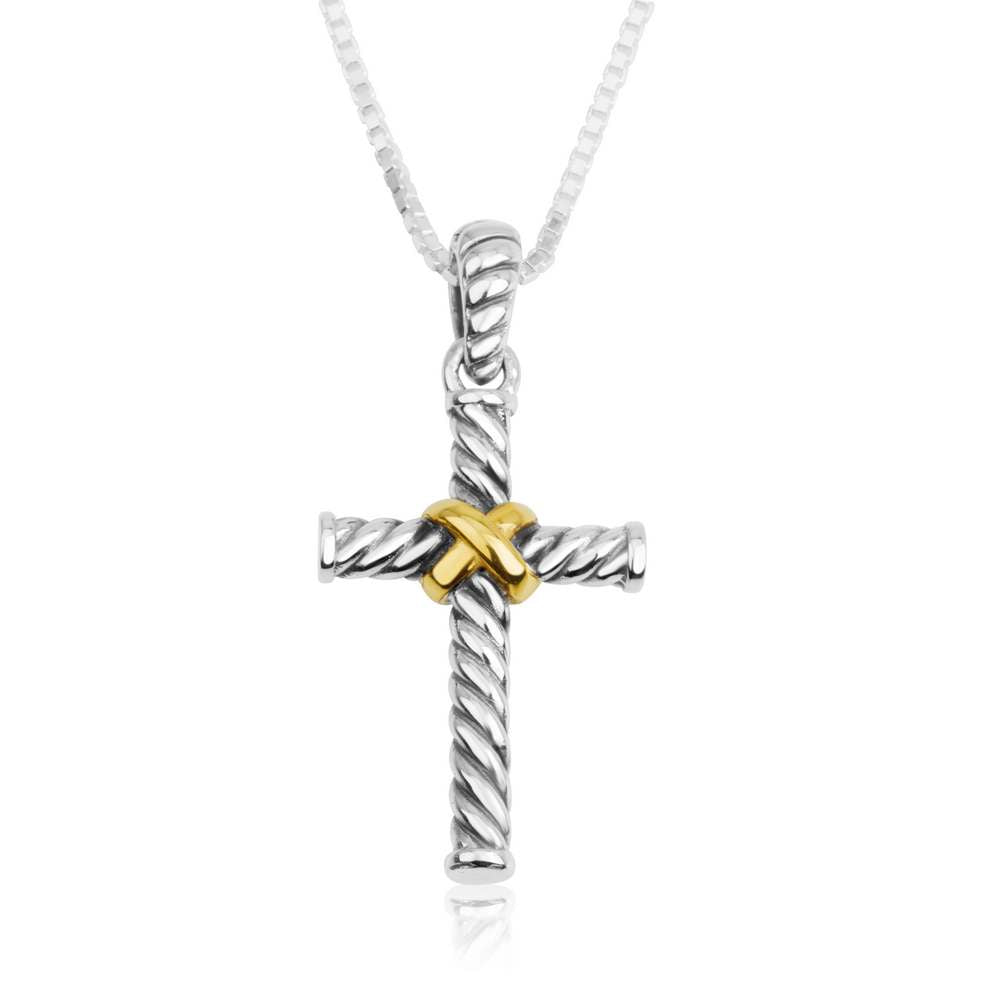 Two-Tone Rope Cross Pendant Necklace, Gold-Plated Center, 925 Sterling Silver
