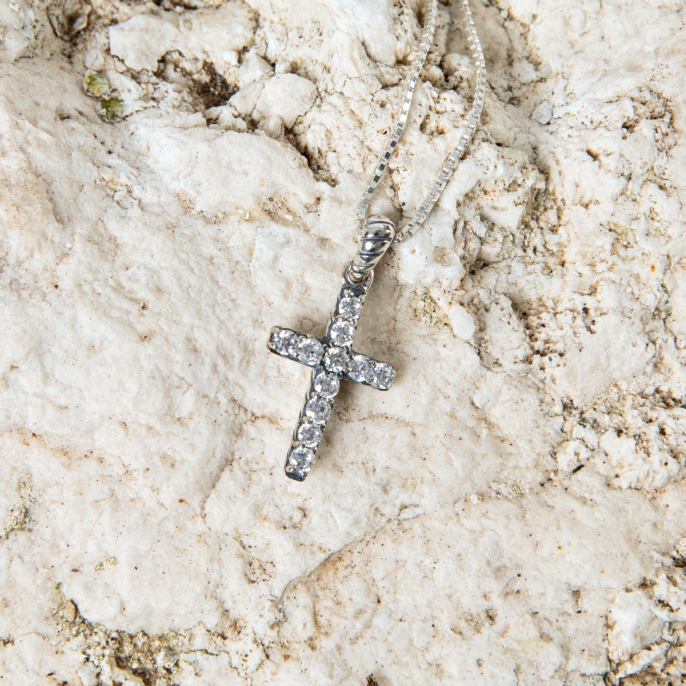 Cubic Zirconia Cross Pendant Necklace in 925 Sterling Silver – flat lay