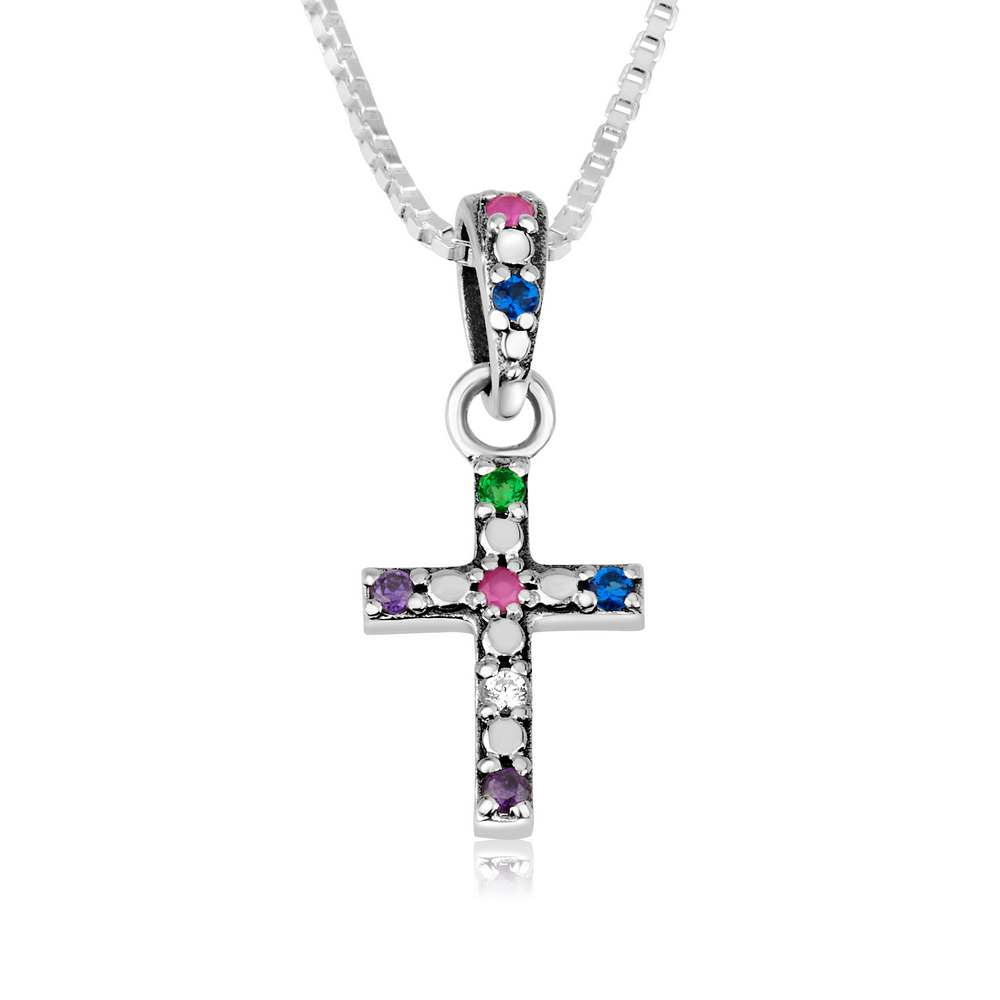 Multi-color gemstone cross pendant in 925 sterling silver by Marina Jewelry