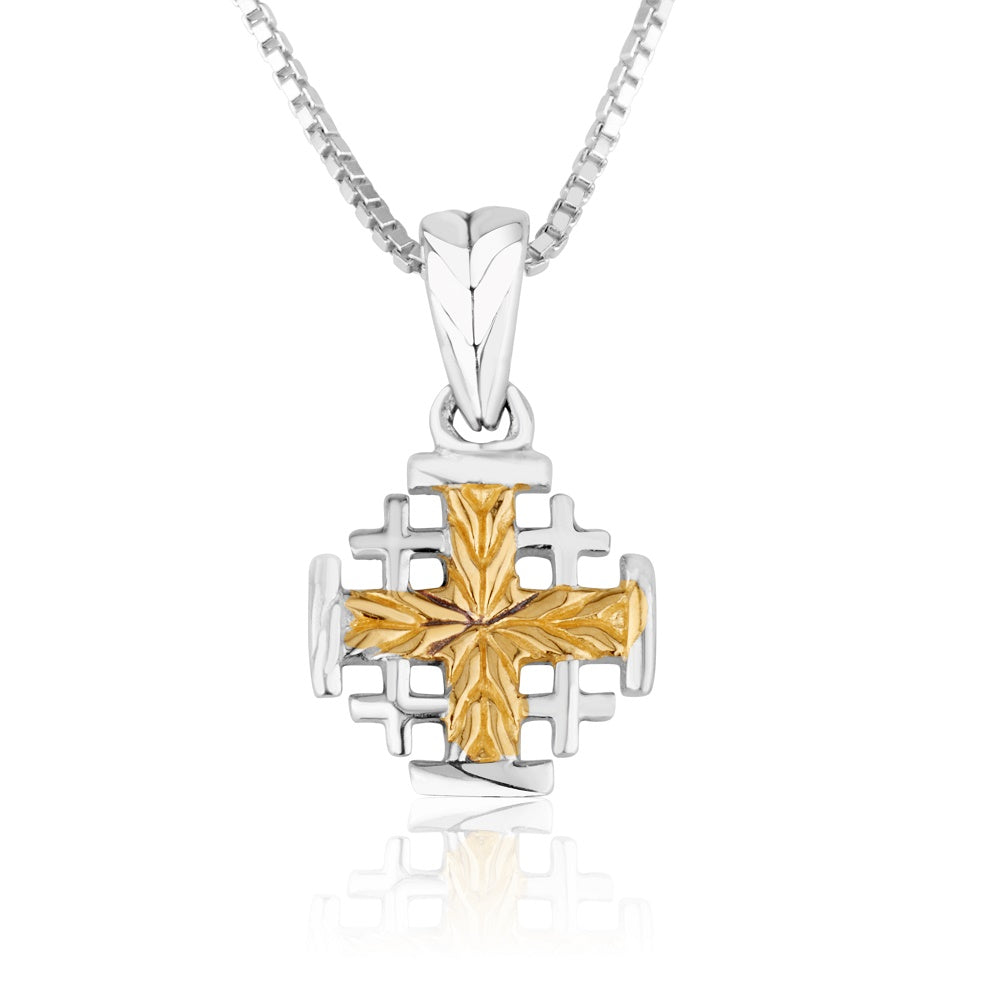 Sunburst Two-Tone Jerusalem Cross Pendant Necklace in 925 Sterling Silver
