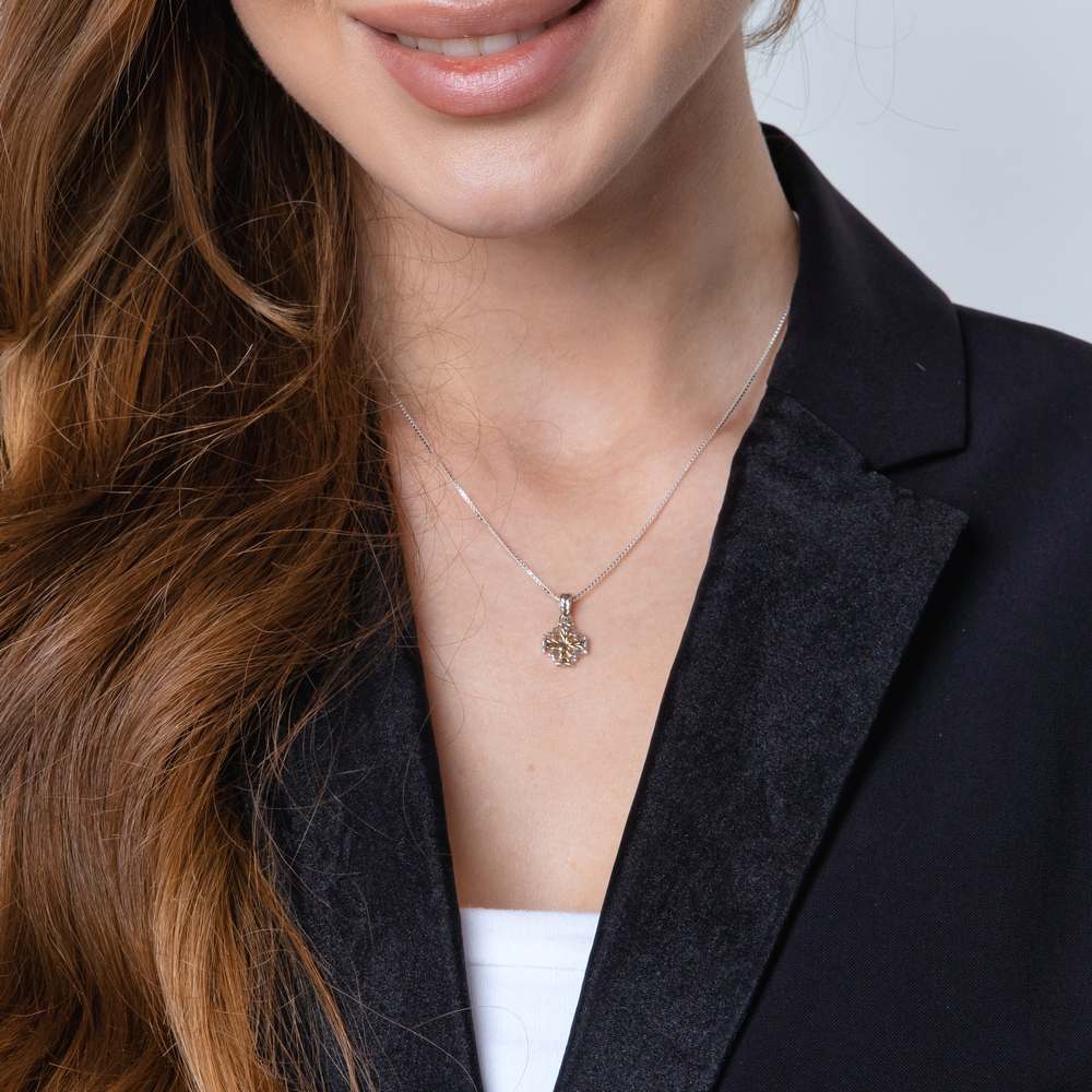 Sunburst Two-Tone Jerusalem Cross Pendant Necklace in 925 Sterling Silver – shown worn, close-up