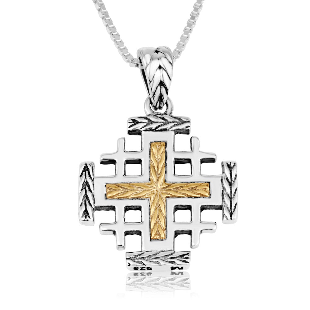 Twisted Rope Two-Tone Jerusalem Cross Pendant Necklace in 925 Sterling Silver, Oxidized