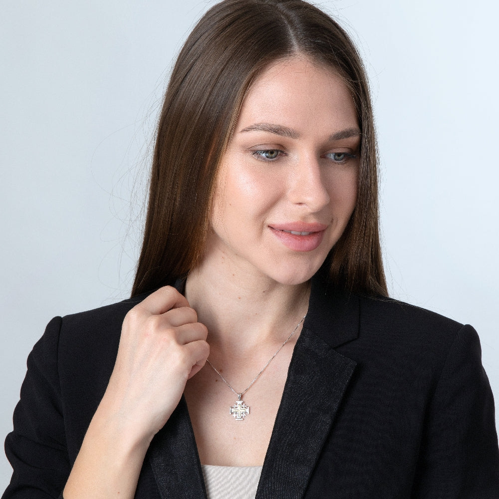 Twisted Rope Two-Tone Jerusalem Cross Pendant Necklace in 925 Sterling Silver, Oxidized – shown worn