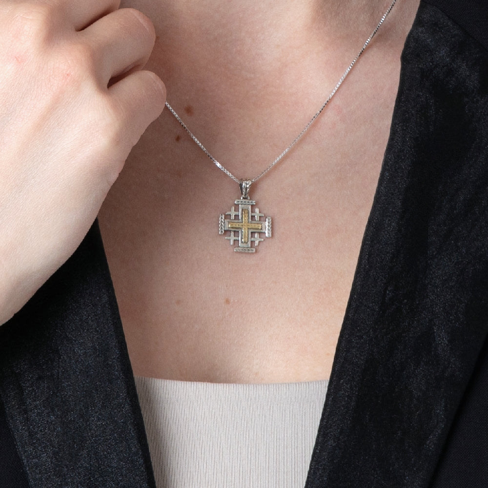 Twisted Rope Two-Tone Jerusalem Cross Pendant Necklace in 925 Sterling Silver, Oxidized – shown worn, close-up