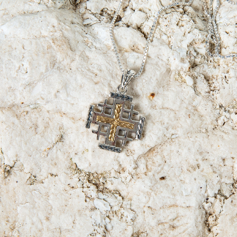 Twisted Rope Two-Tone Jerusalem Cross Pendant Necklace in 925 Sterling Silver, Oxidized – flat lay