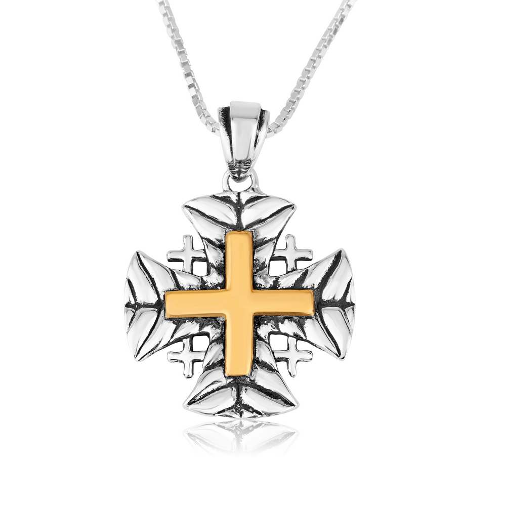 Leaf-Textured Two-Tone Jerusalem Cross Pendant Necklace in 925 Sterling Silver