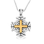Leaf-Textured Two-Tone Jerusalem Cross Pendant Necklace in 925 Sterling Silver