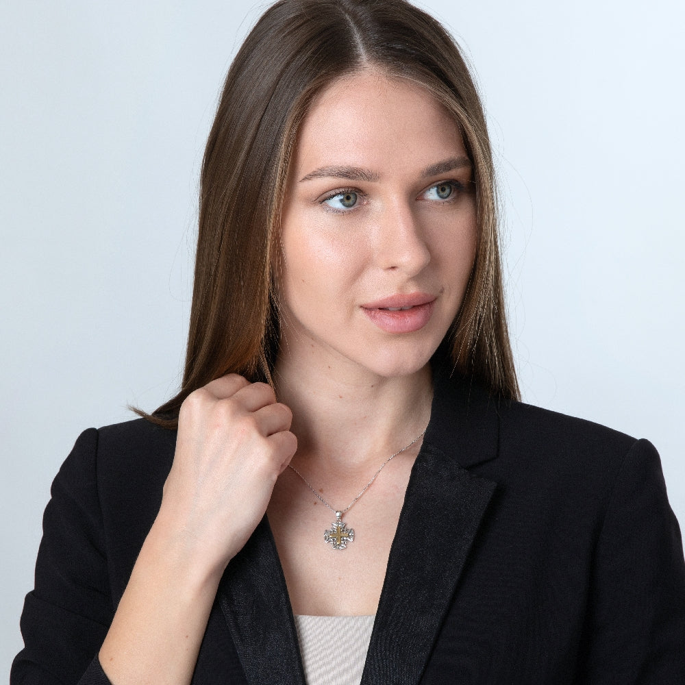 Leaf-Textured Two-Tone Jerusalem Cross Pendant Necklace in 925 Sterling Silver – shown worn