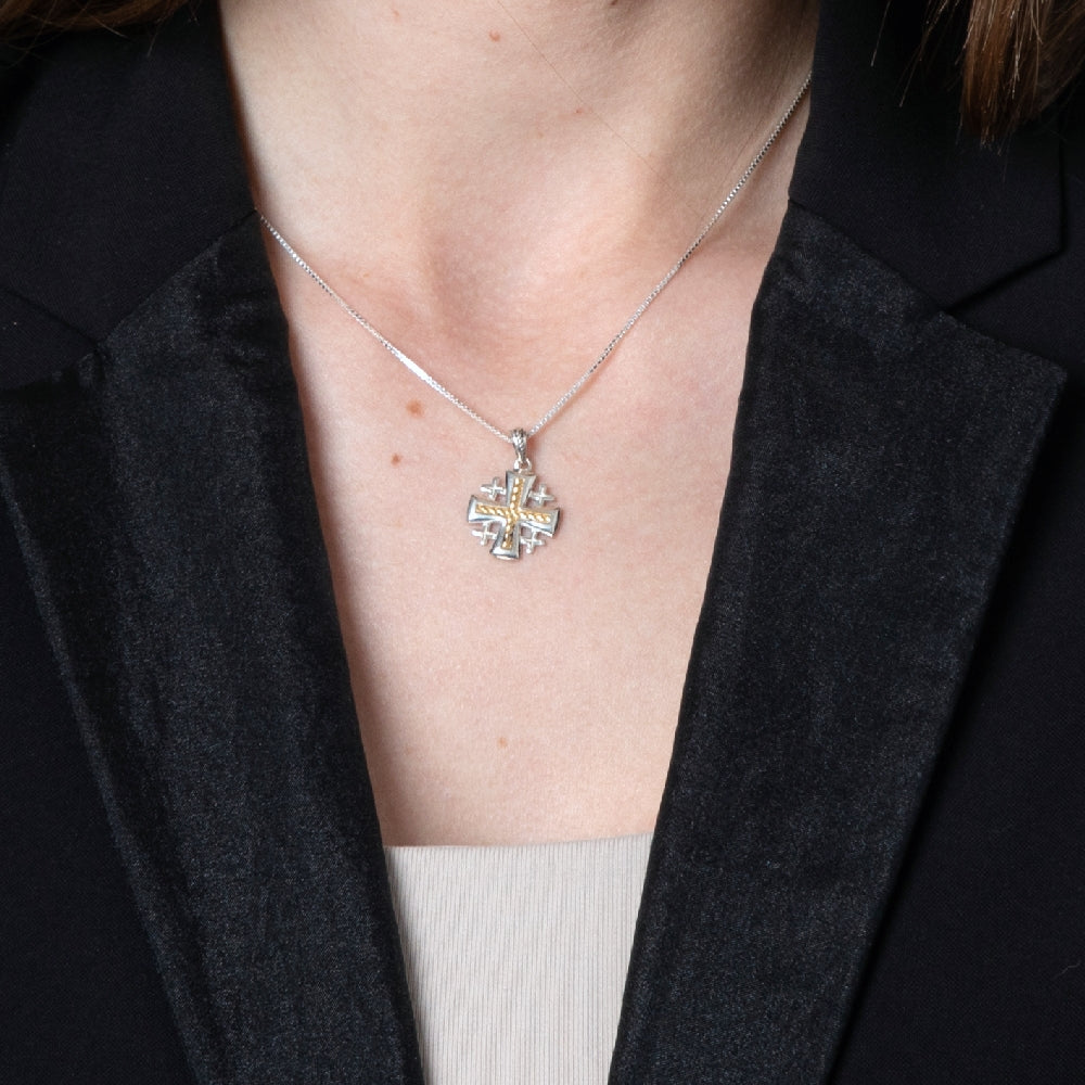 Twisted Rope Two-Tone Jerusalem Cross Pendant Necklace in 925 Sterling Silver – shown worn, close-up