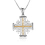 Leaf-textured Jerusalem Cross pendant with twisted gold-plated rope center in 925 sterling silver by Marina Jewelry