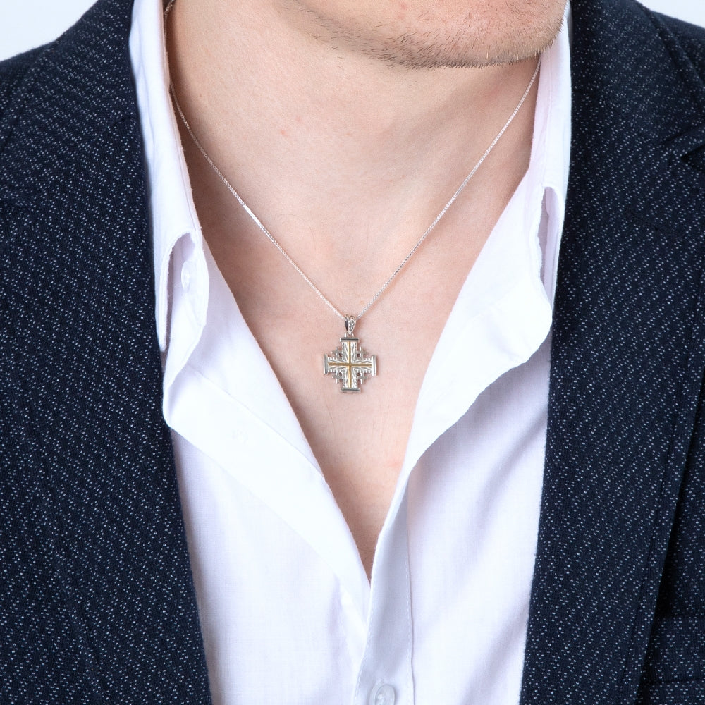 Leaf-Textured Twisted Gold Jerusalem Cross Pendant Necklace in 925 Sterling Silver – shown worn, close-up