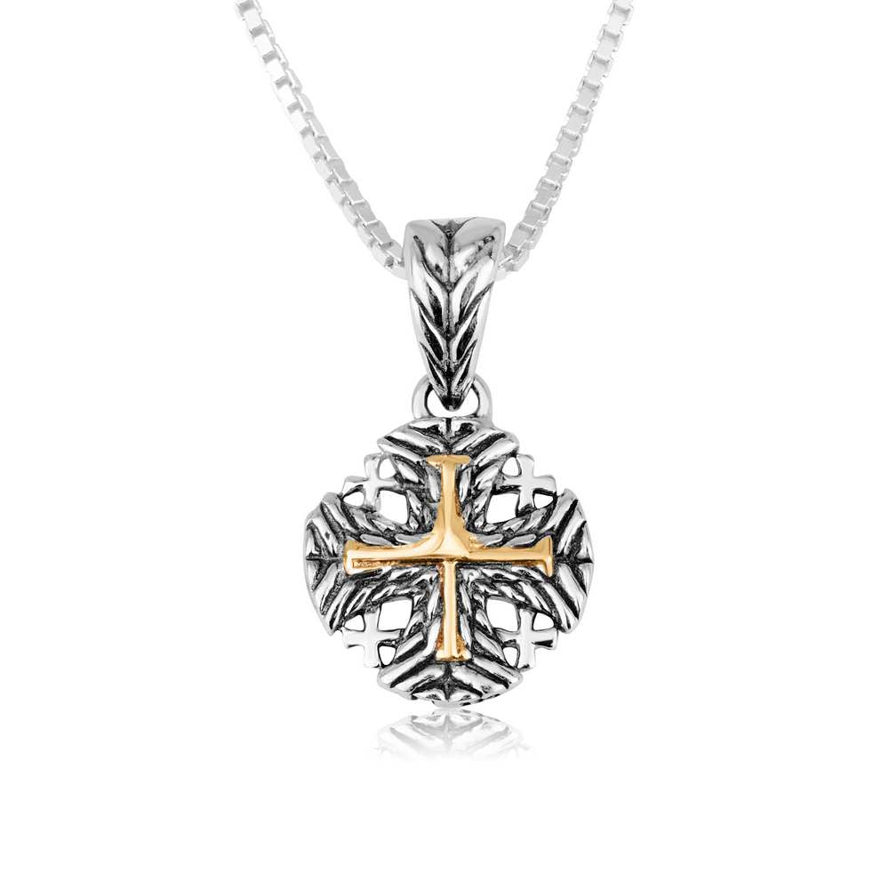 Compact leaf-textured Jerusalem Cross medallion pendant with gold-plated center in 925 sterling silver by Marina Jewelry