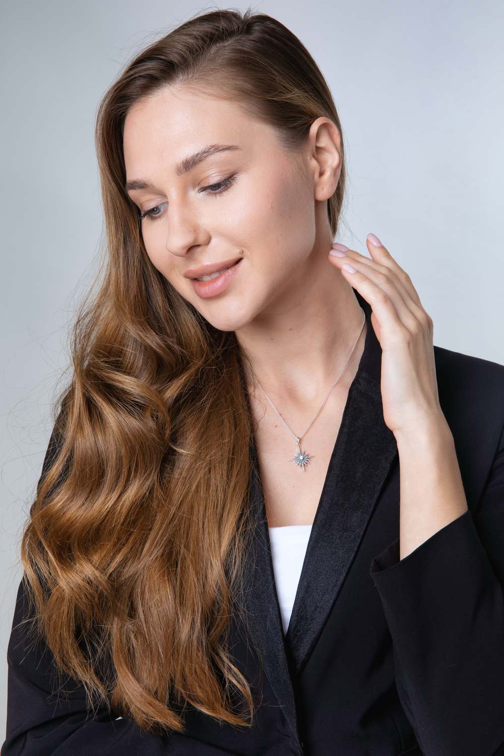 Star of Bethlehem Pendant Necklace in 925 Sterling Silver with Cubic Zirconia – shown worn