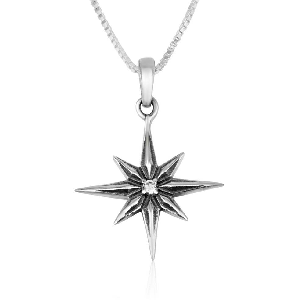 Polished Star of Bethlehem pendant with cubic zirconia in 925 sterling silver by Marina Jewelry