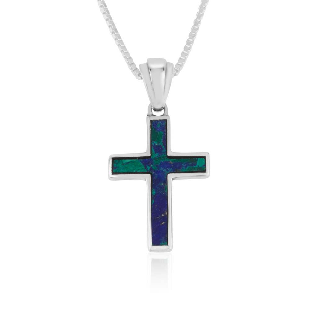 Eilat Stone Cross Pendant Necklace, Slim Inlay, 925 Sterling Silver