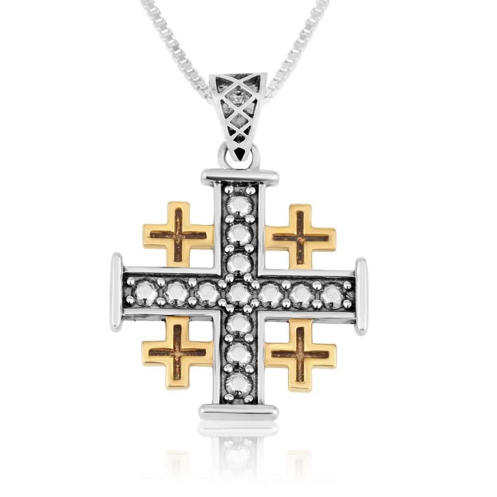 Beaded Two-Tone Jerusalem Cross Pendant Necklace in 925 Sterling Silver